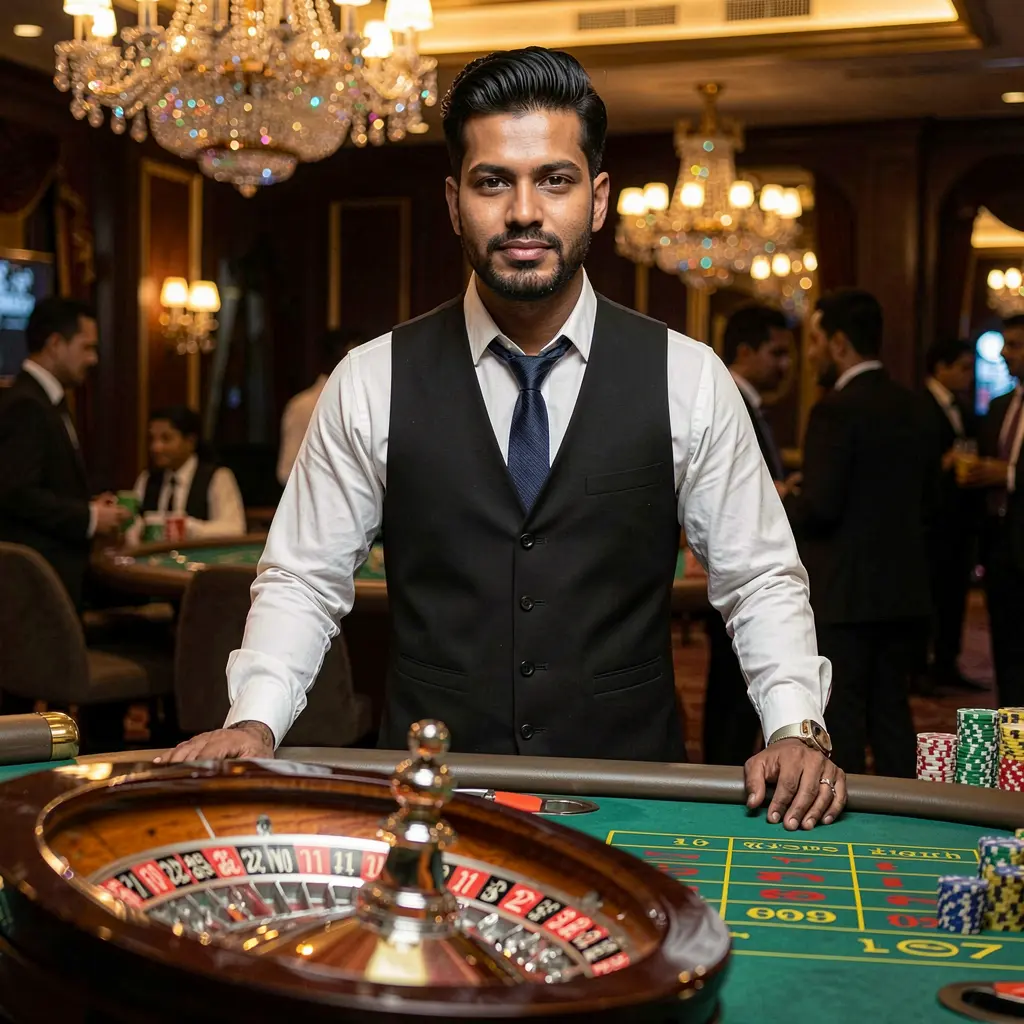 Confident casino dealer standing at a modern roulette table with vibrant lighting representing the premium live casino experience at 995BDT in Bangladesh