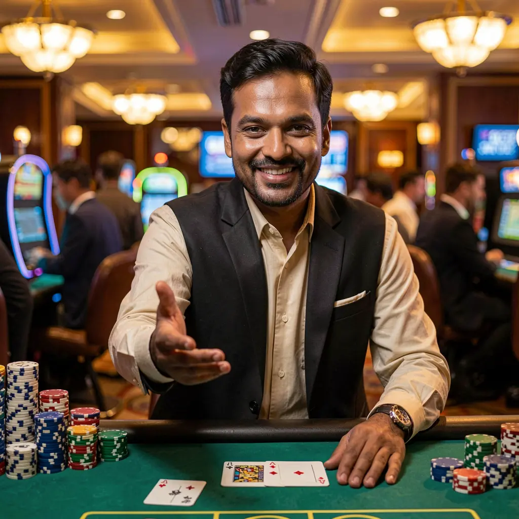 Smiling Bangladeshi casino dealer extending his hand with vibrant poker chips floating around representing trusted and engaging gameplay on 995BDT